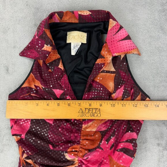 Vintage Cache Sequins Paillettes Ruched Floral Top Y2K Sleeveless Collared USA - Picture 8 of 9